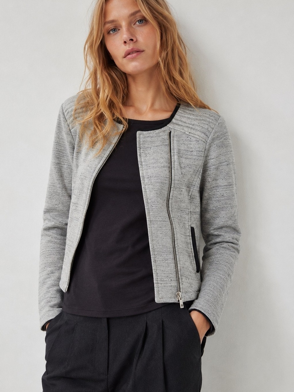 Maison Scotch Moto Jacket Gray Knit Asymmetrical Zip Cropped S/1 Office Streetwe